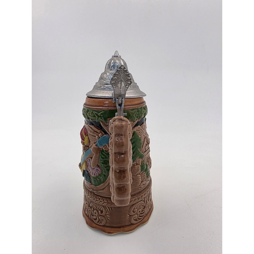 Vintage Musical Beer Stein German Style Relief Lute Player Ceramic Lidded Mug - Picture 2 of 7